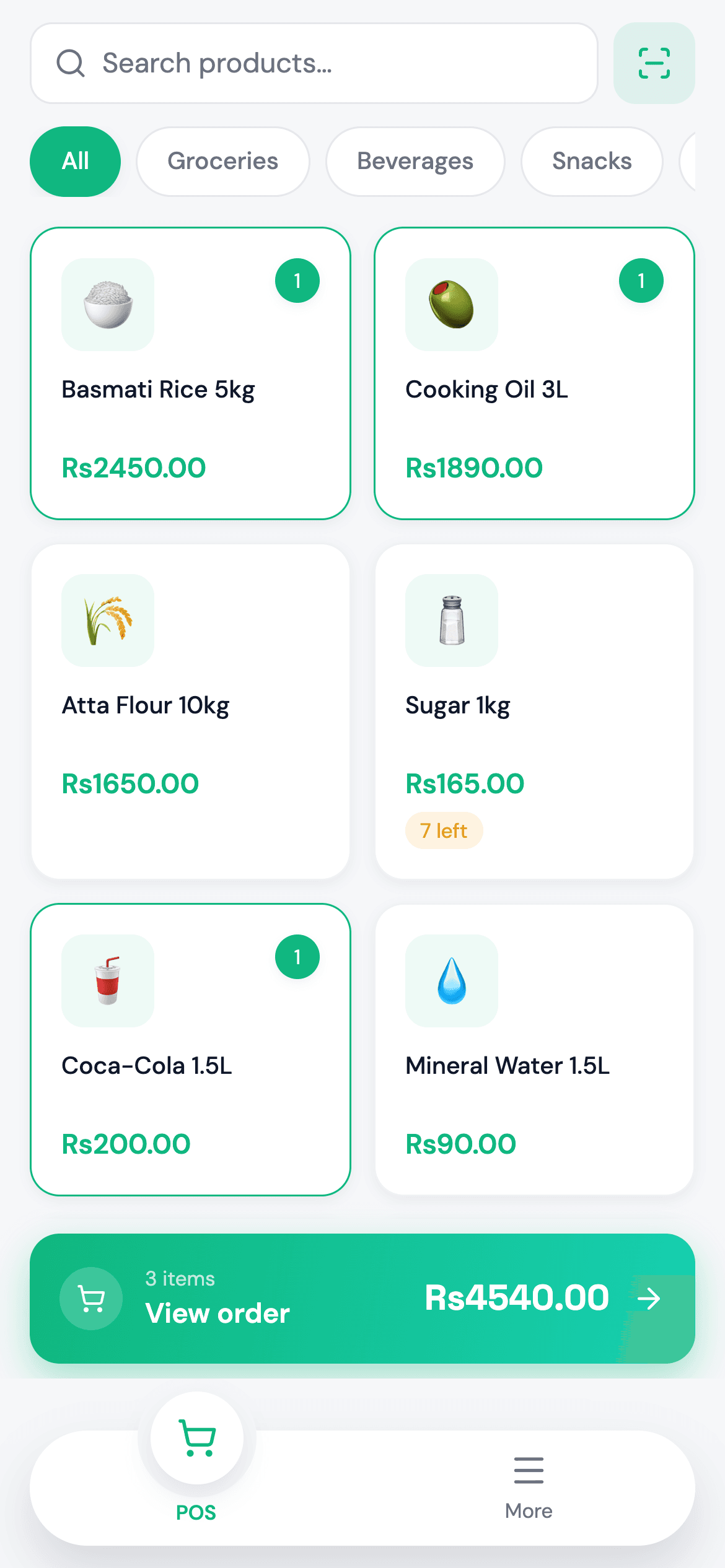 POS on the TapNtrade mobile app: Tap or scan to build a sale.