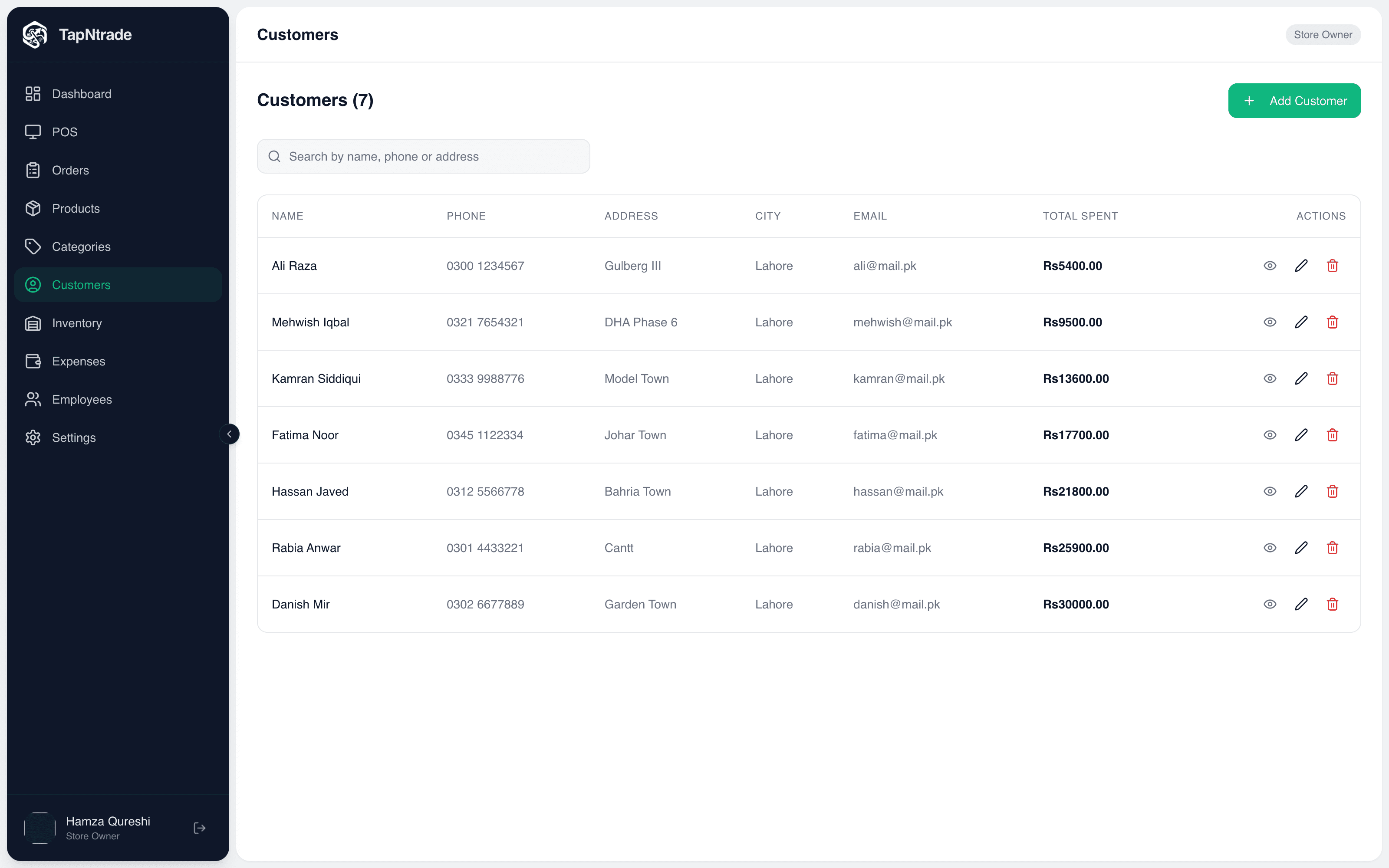 Customers: A customer directory with full purchase history.