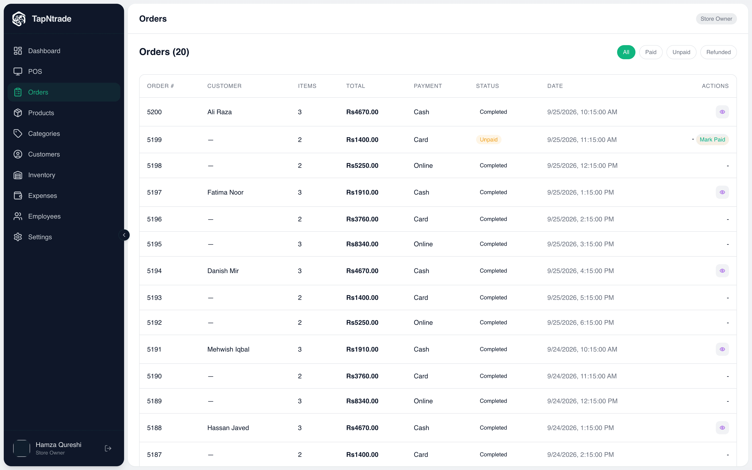 Orders: Every sale with its customer, payment method and status.