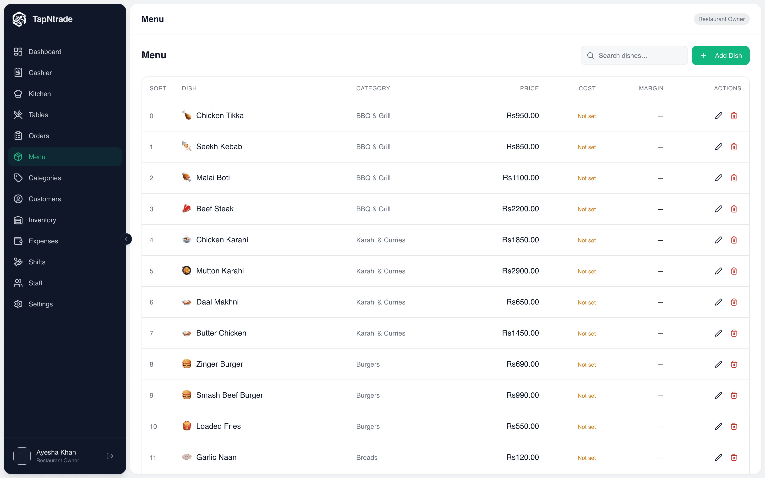 Menu management: Dishes, prices, icons and recipes.