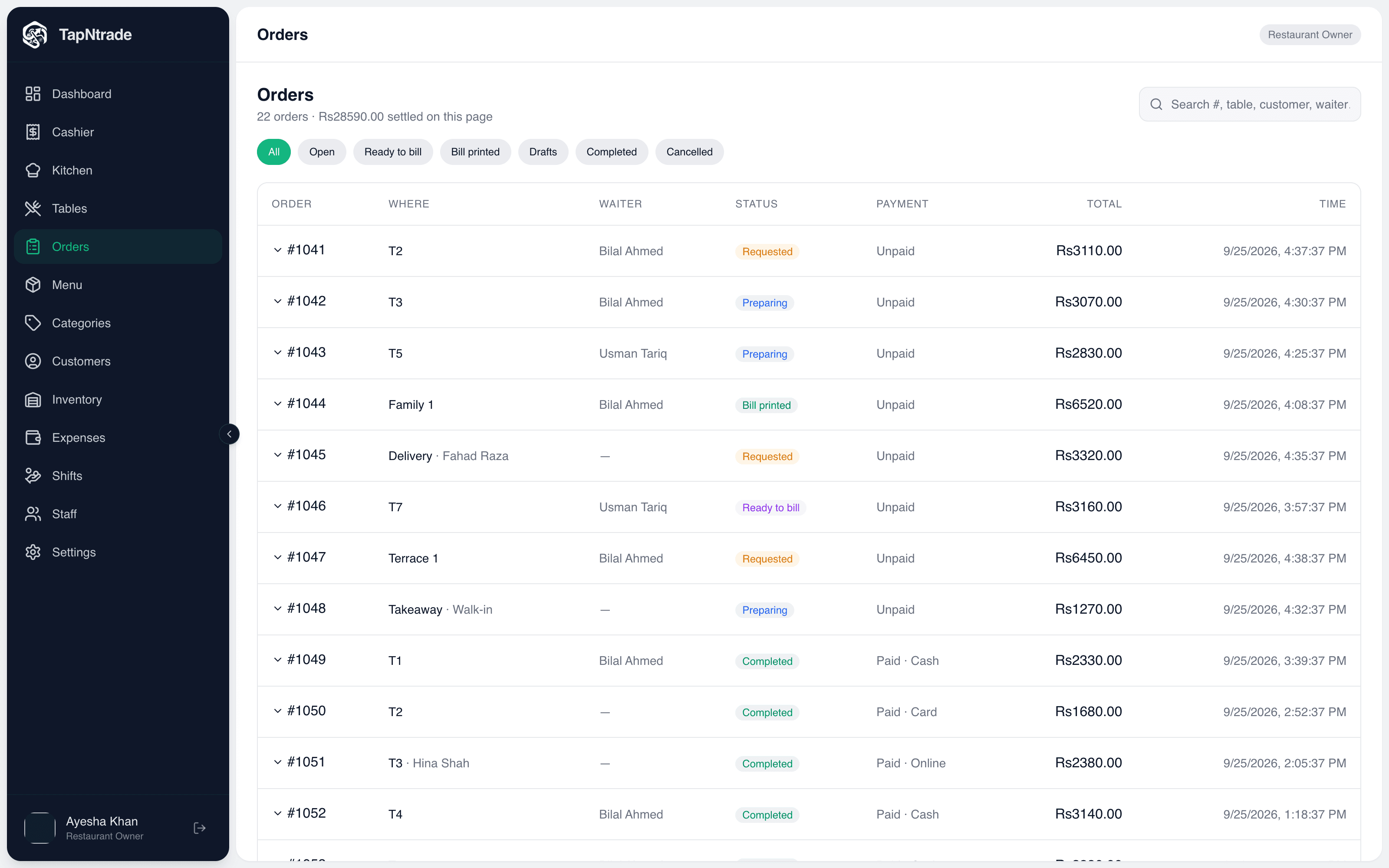 Order history: Every order with its status, type, table and payment.