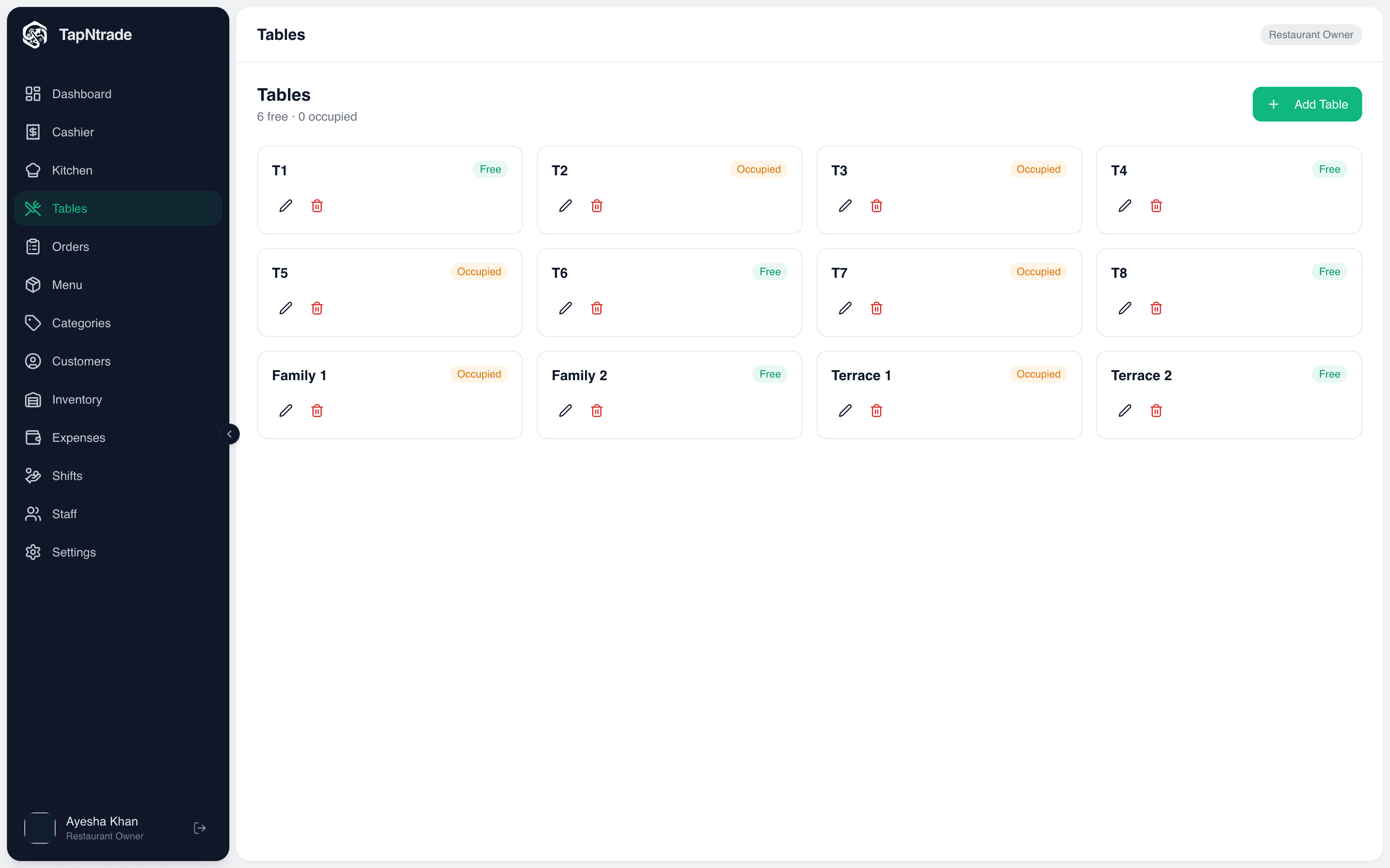 Table setup: Name your tables and areas: T1, Family 1, Terrace…