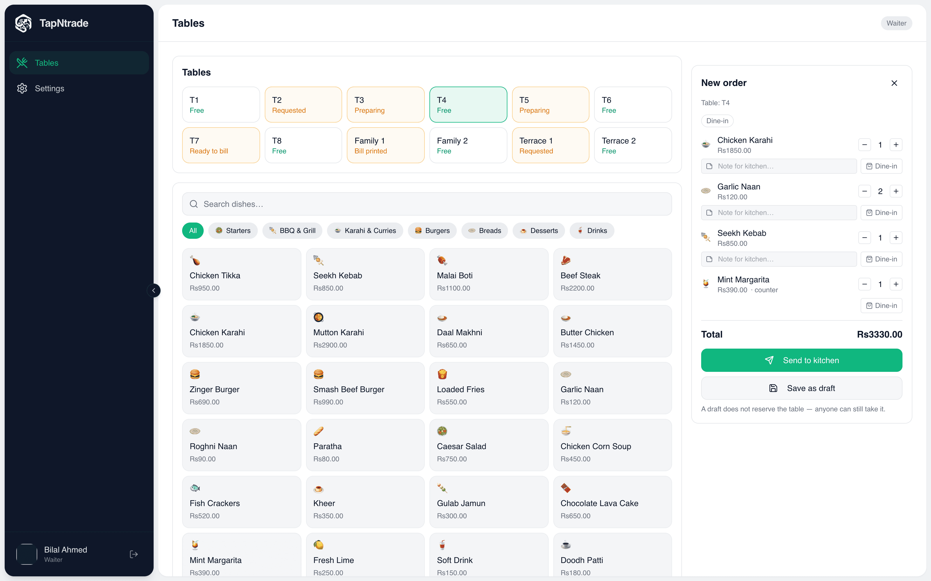 Waiter screen: Pick a table, tap dishes, add notes for the kitchen, send.